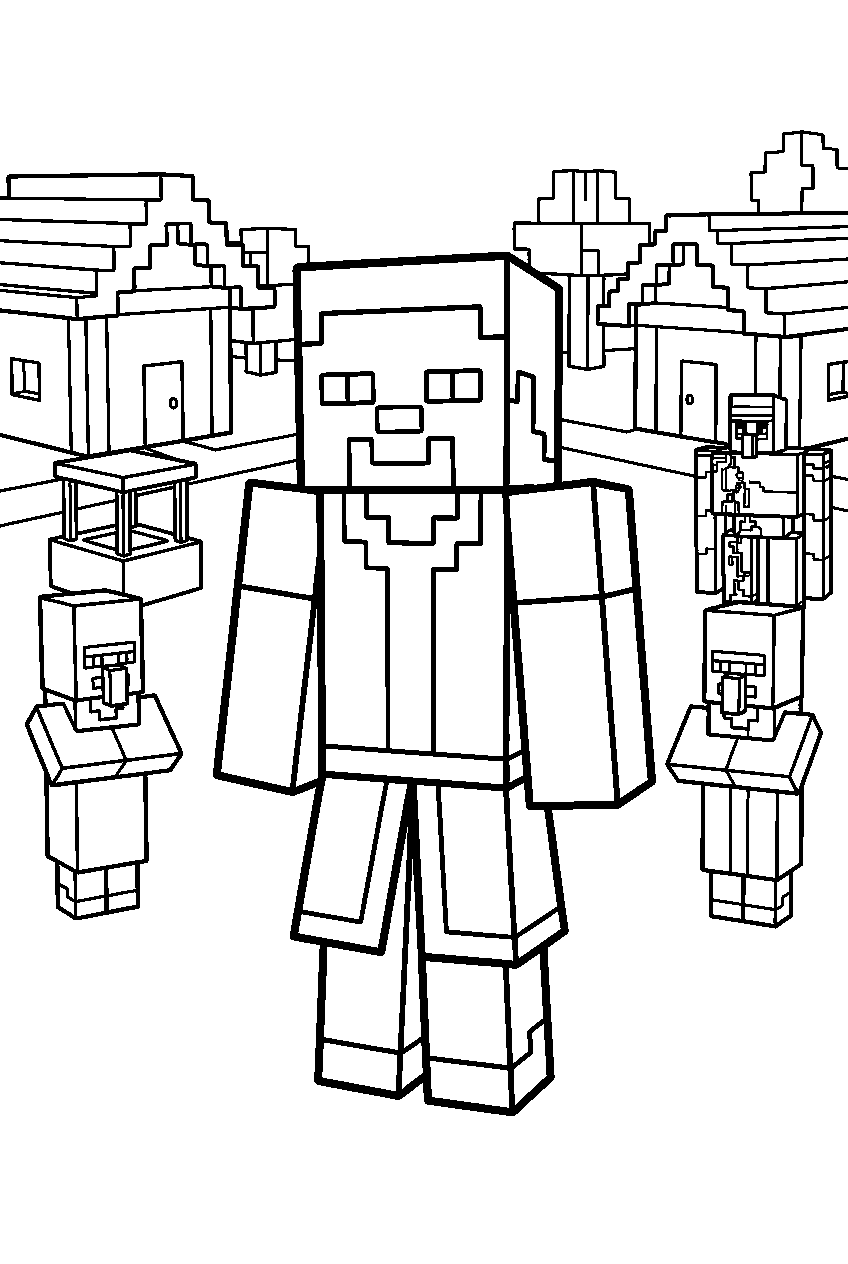 minecraft characters in village square line art