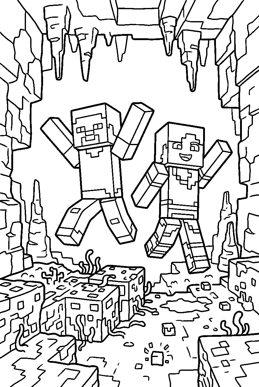 minecraft characters jumping in sculk cave line art