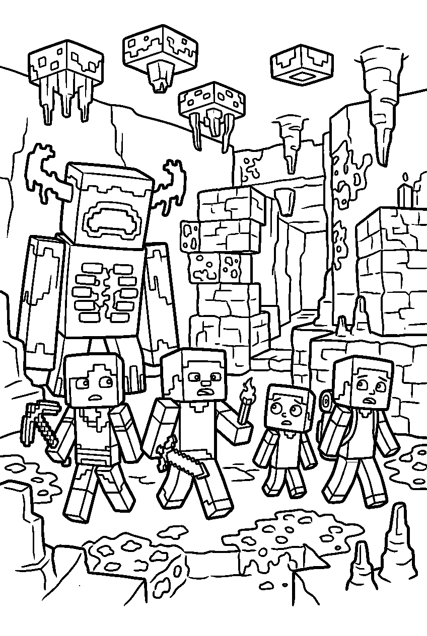 minecraft characters looking around in deep dark biome line art