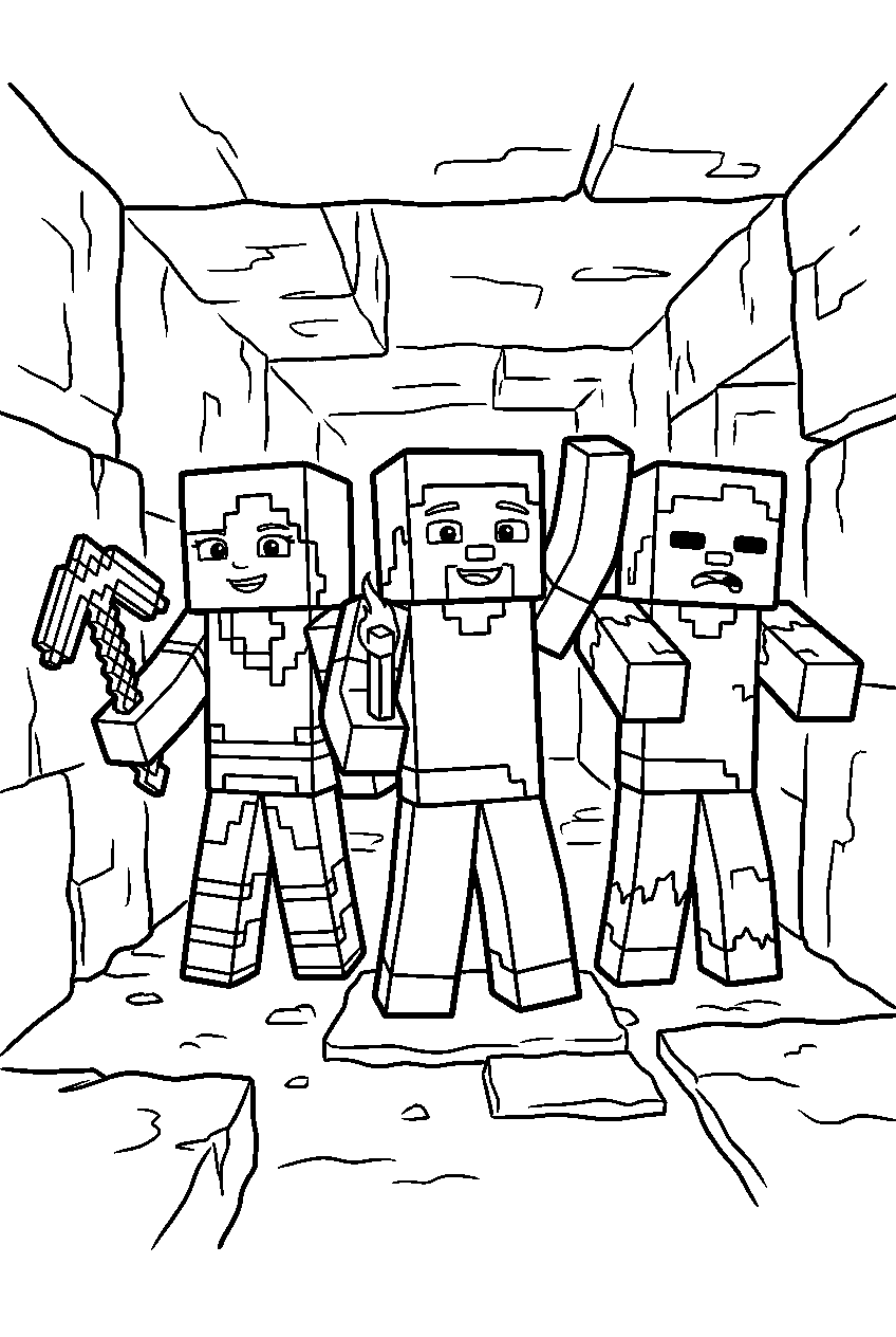 minecraft characters posing in underground tunnel line art
