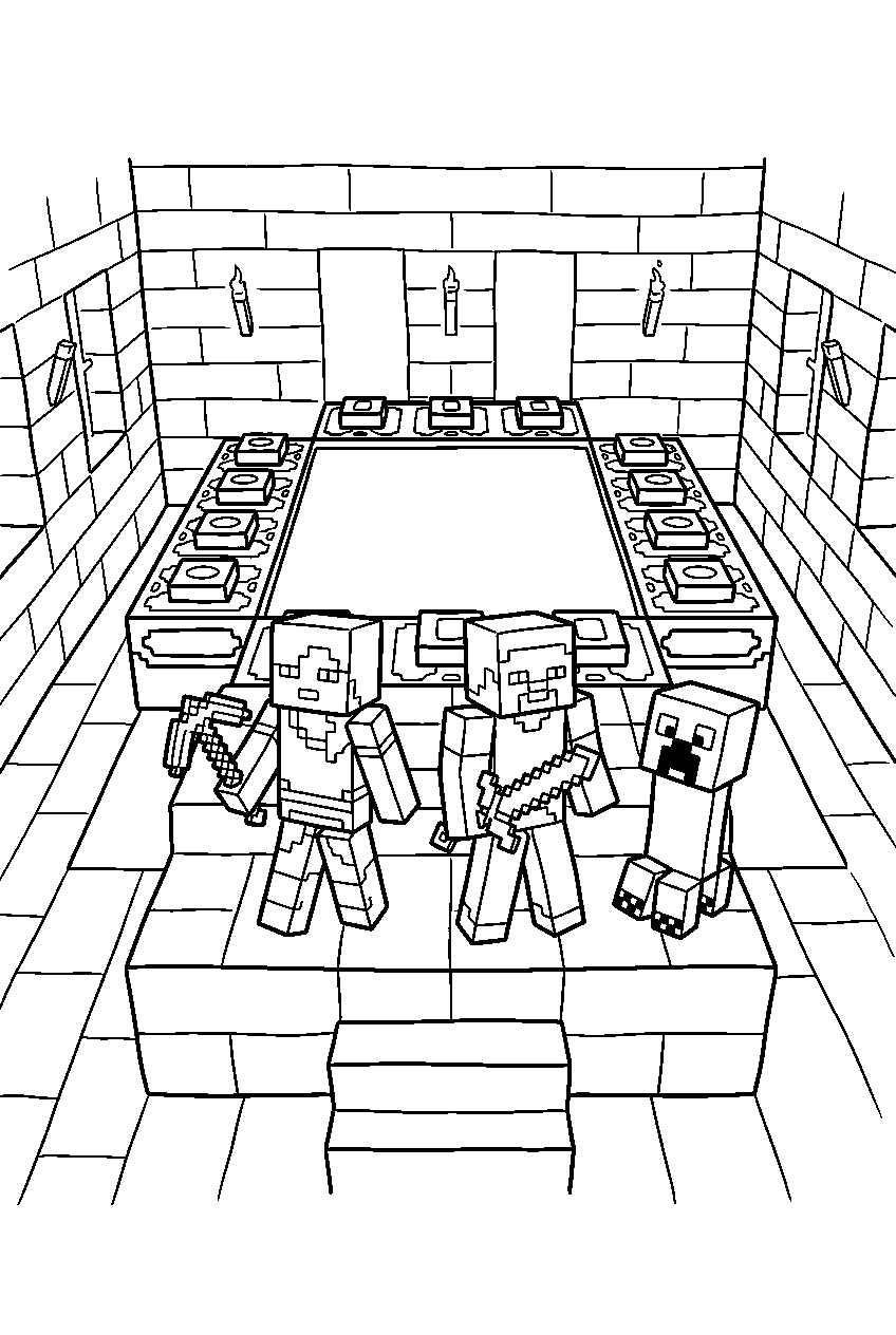 minecraft characters standing in end portal room line art