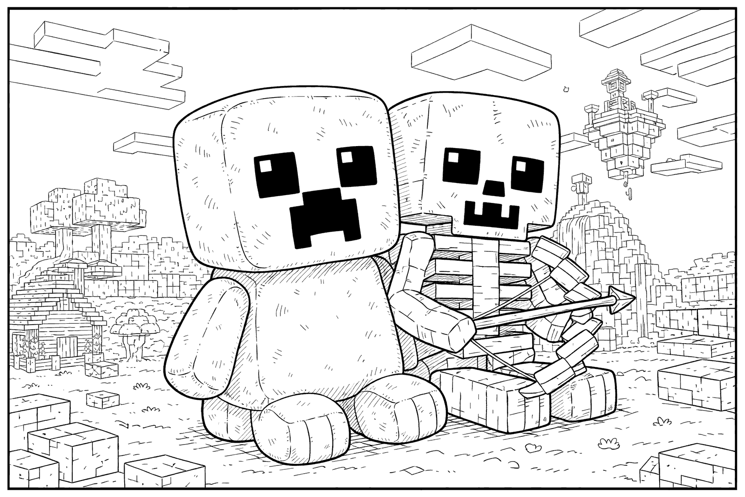 minecraft chibi creeper skeleton line art