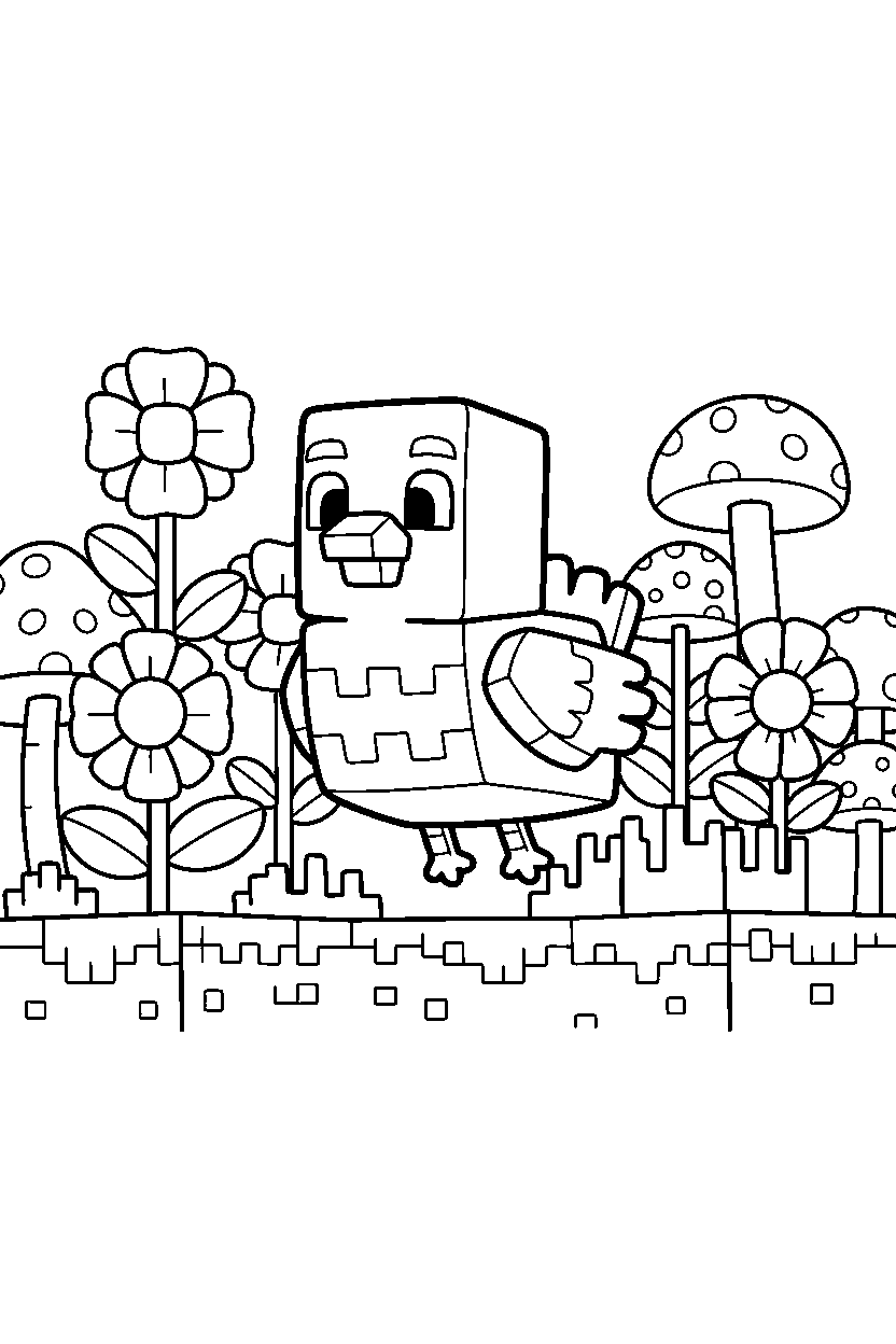 minecraft chicken floating calmly in a flower forest line art