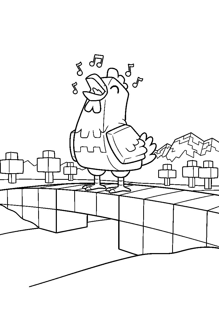 minecraft chicken howling playfully on a bridge line art