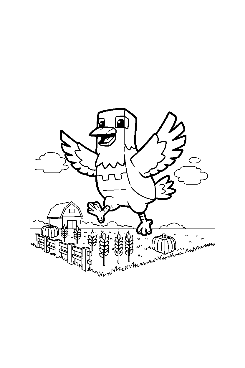 minecraft chicken jumping playfully near a farm field line art