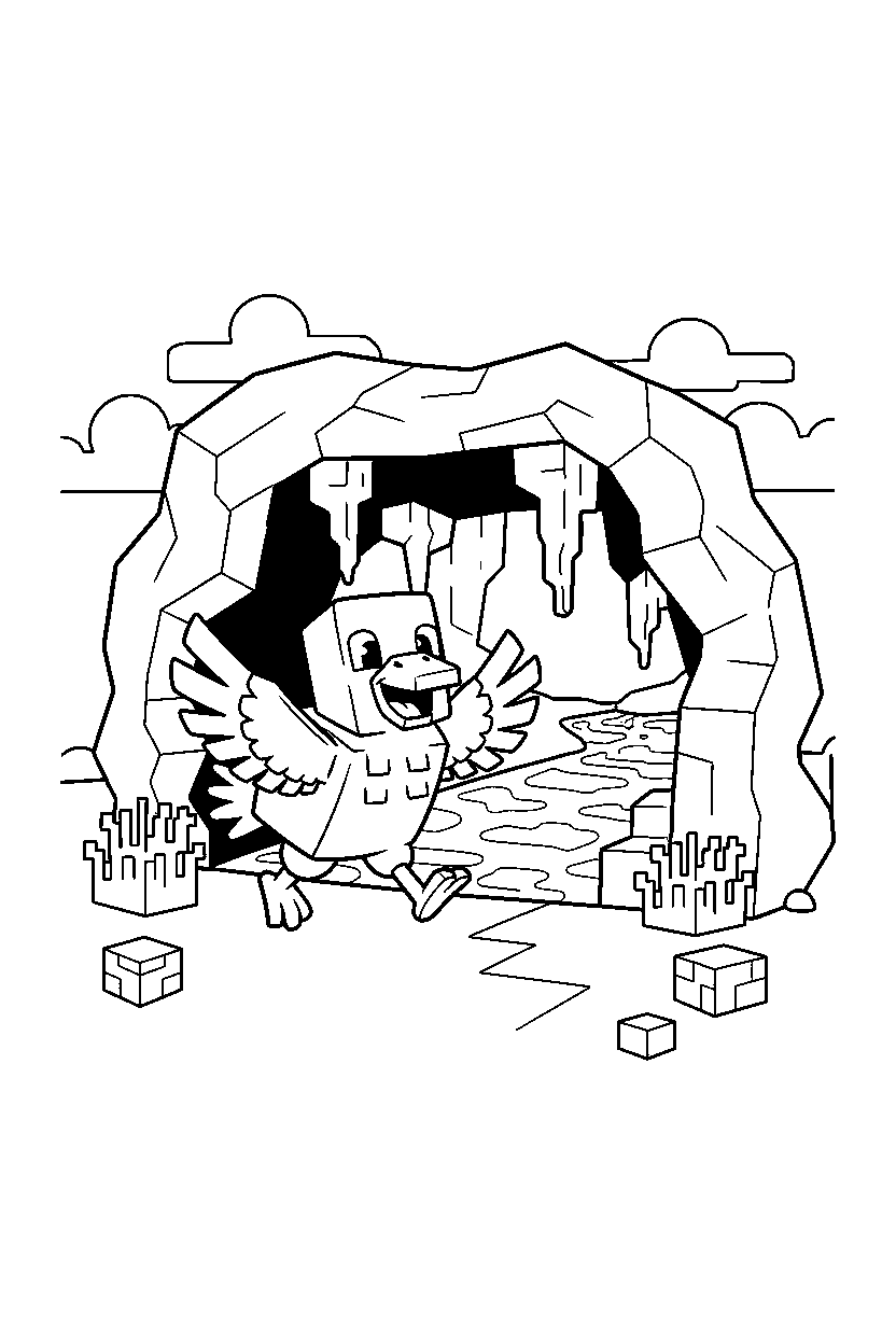 minecraft chicken playing happily near a lava cave line art