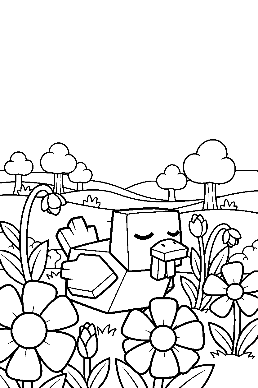 minecraft chicken relaxing peacefully in a flower forest line art