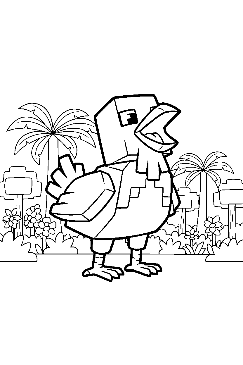 minecraft chicken roaring playfully in a jungle line art