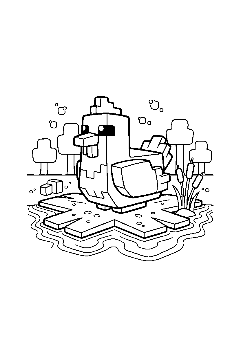 minecraft chicken sitting calmly in a swamp line art