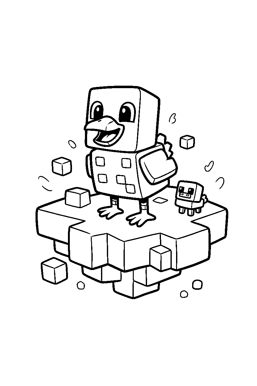 minecraft chicken smiling happily on an end island line art