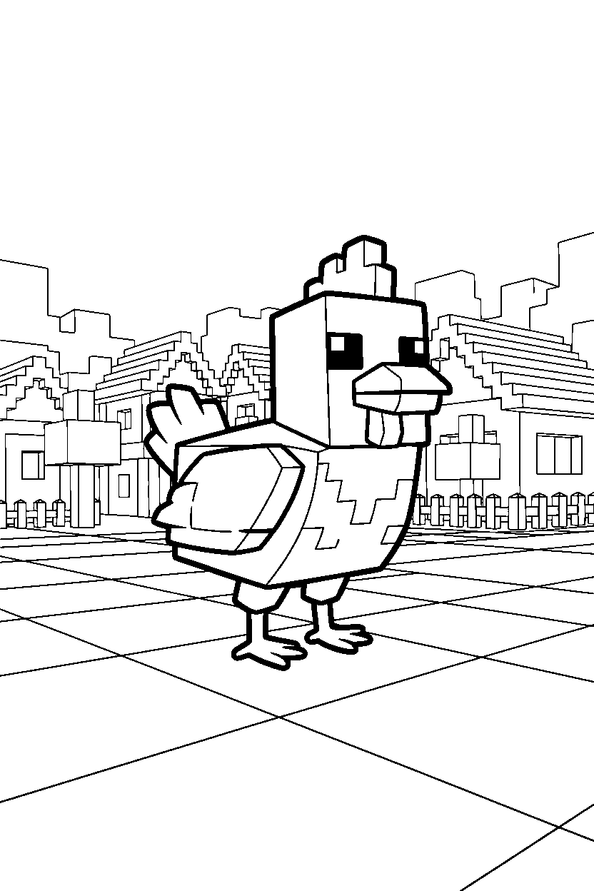 minecraft chicken walking in a village line art
