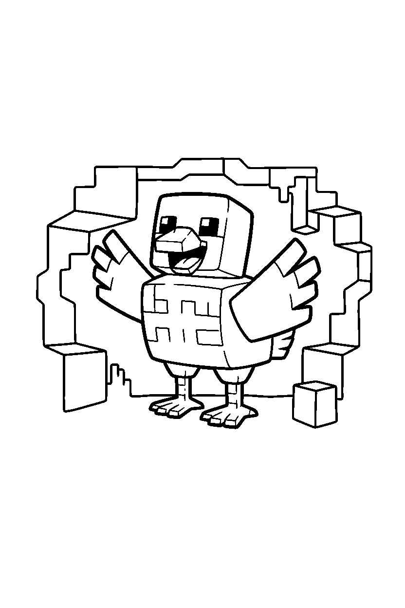 minecraft chicken waving happily in a cave line art