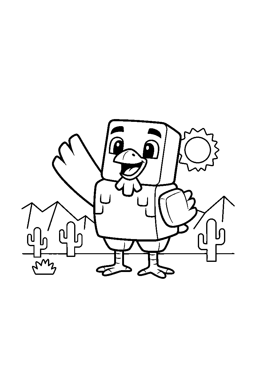 minecraft chicken waving happily in a desert line art