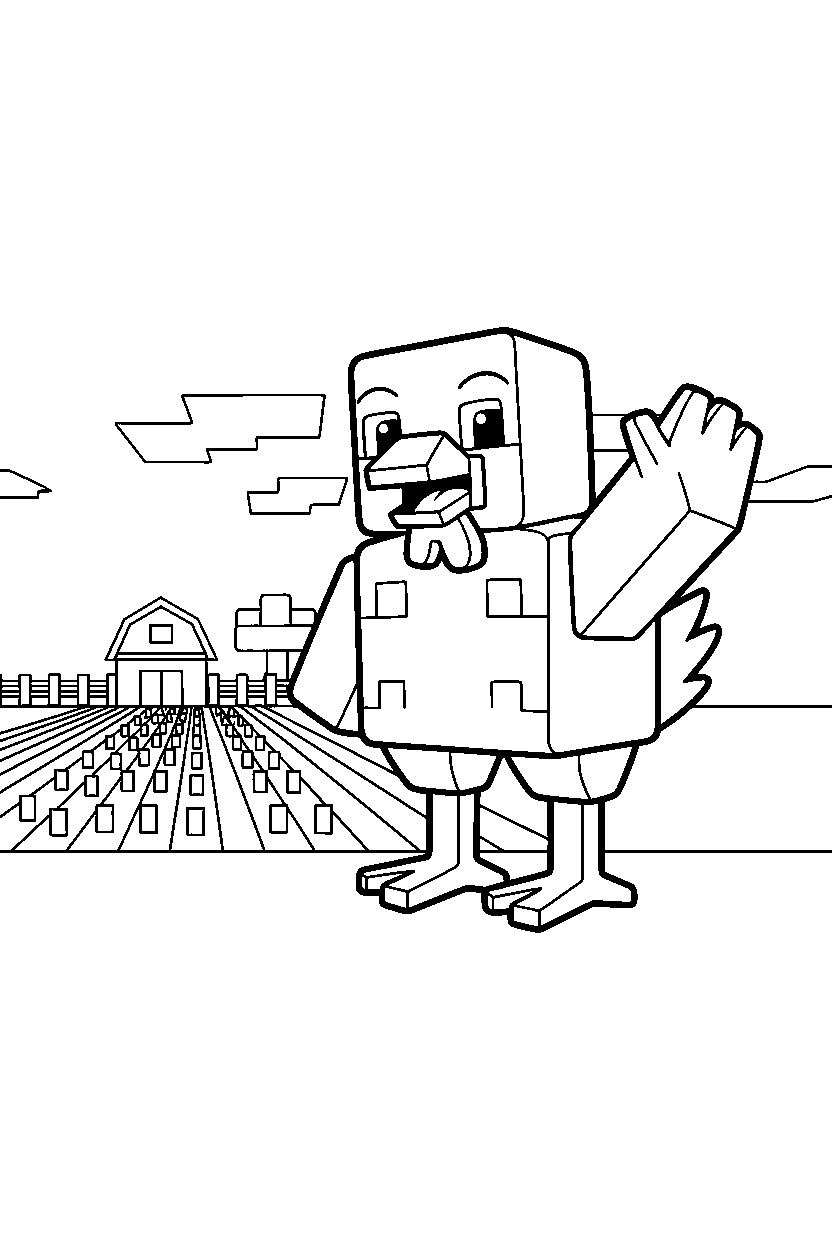 minecraft chicken waving happily near a farm field line art