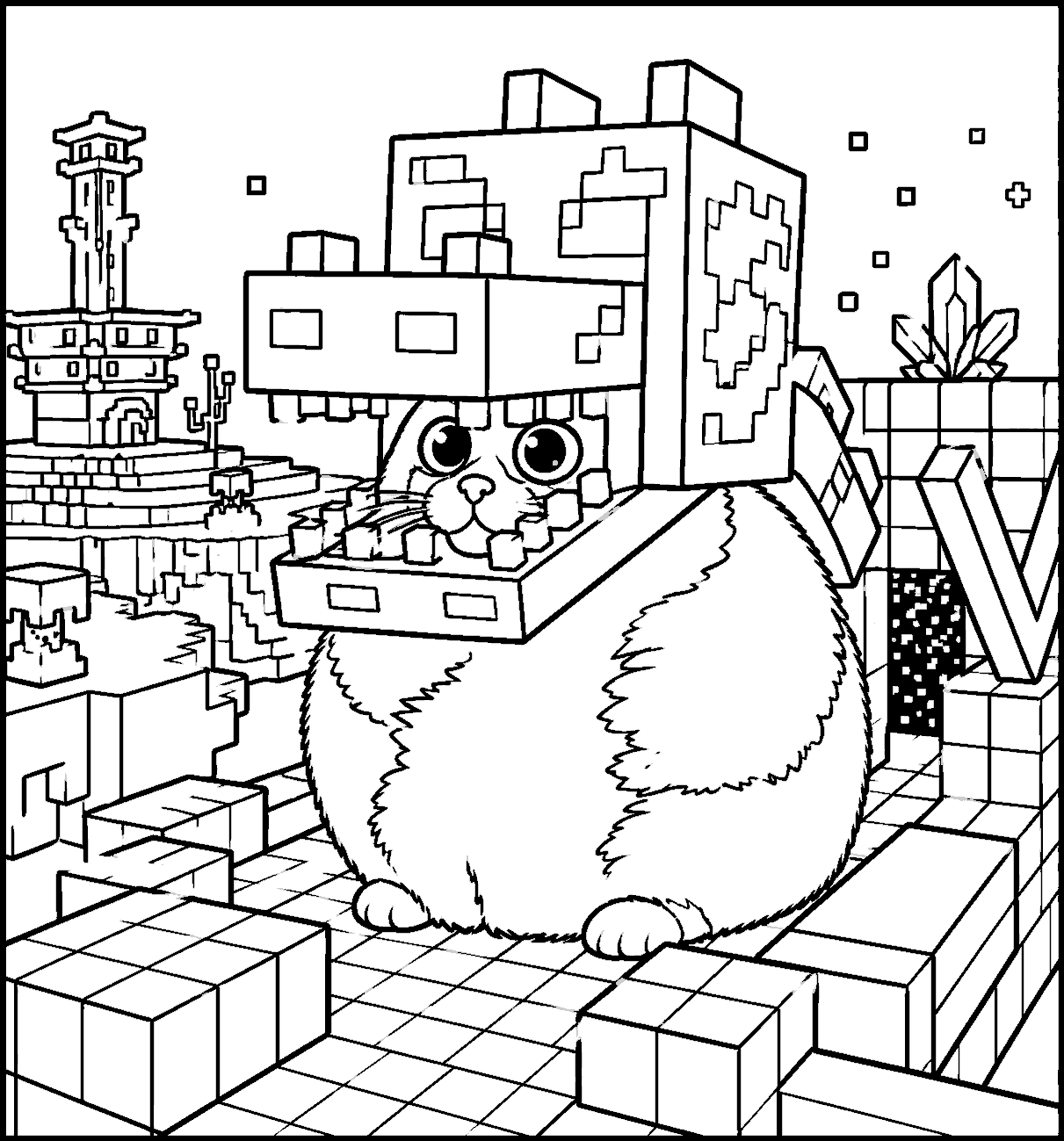 minecraft chonky cat in ender dragon head line art