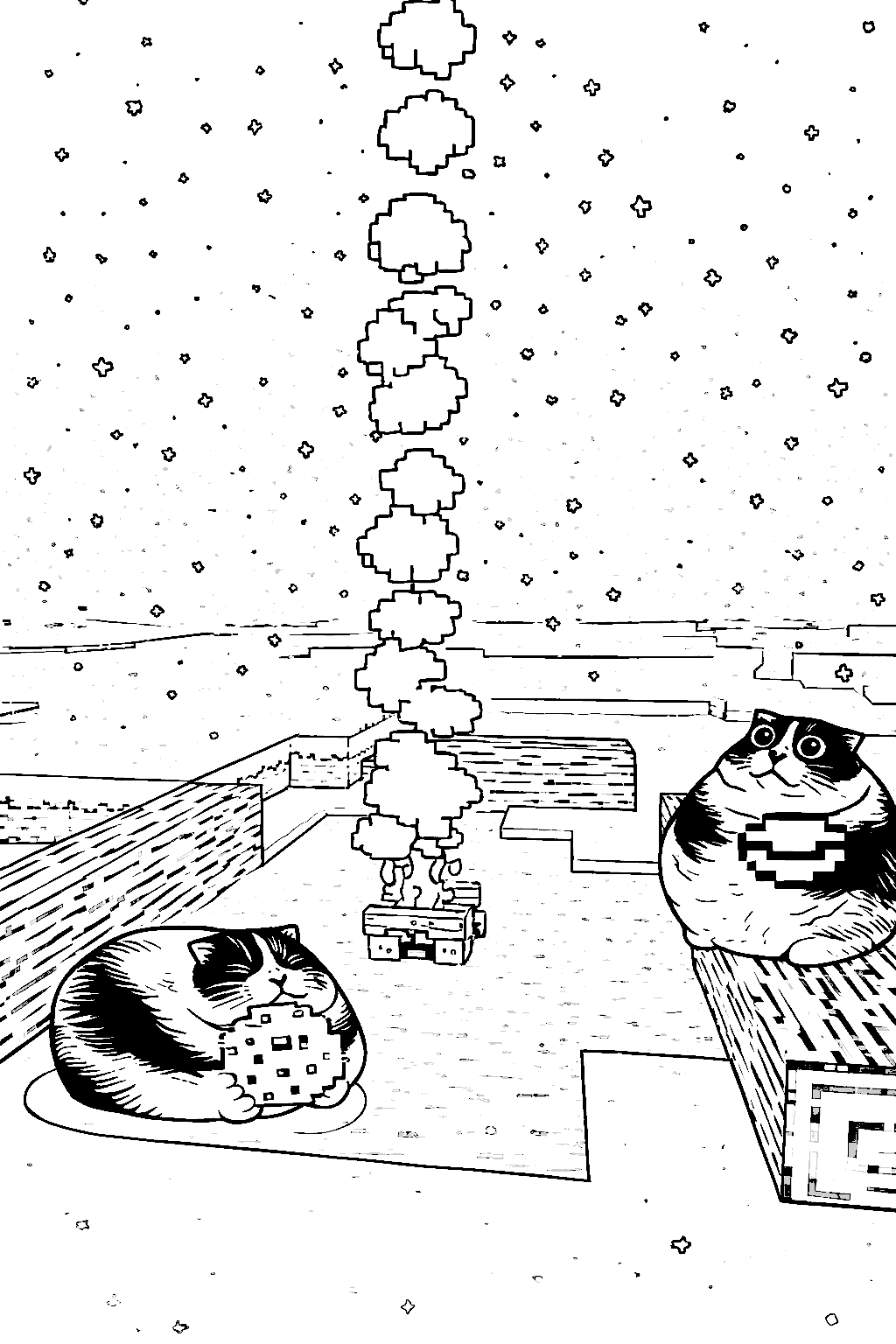 minecraft chonky cats by campfire under starry sky line art