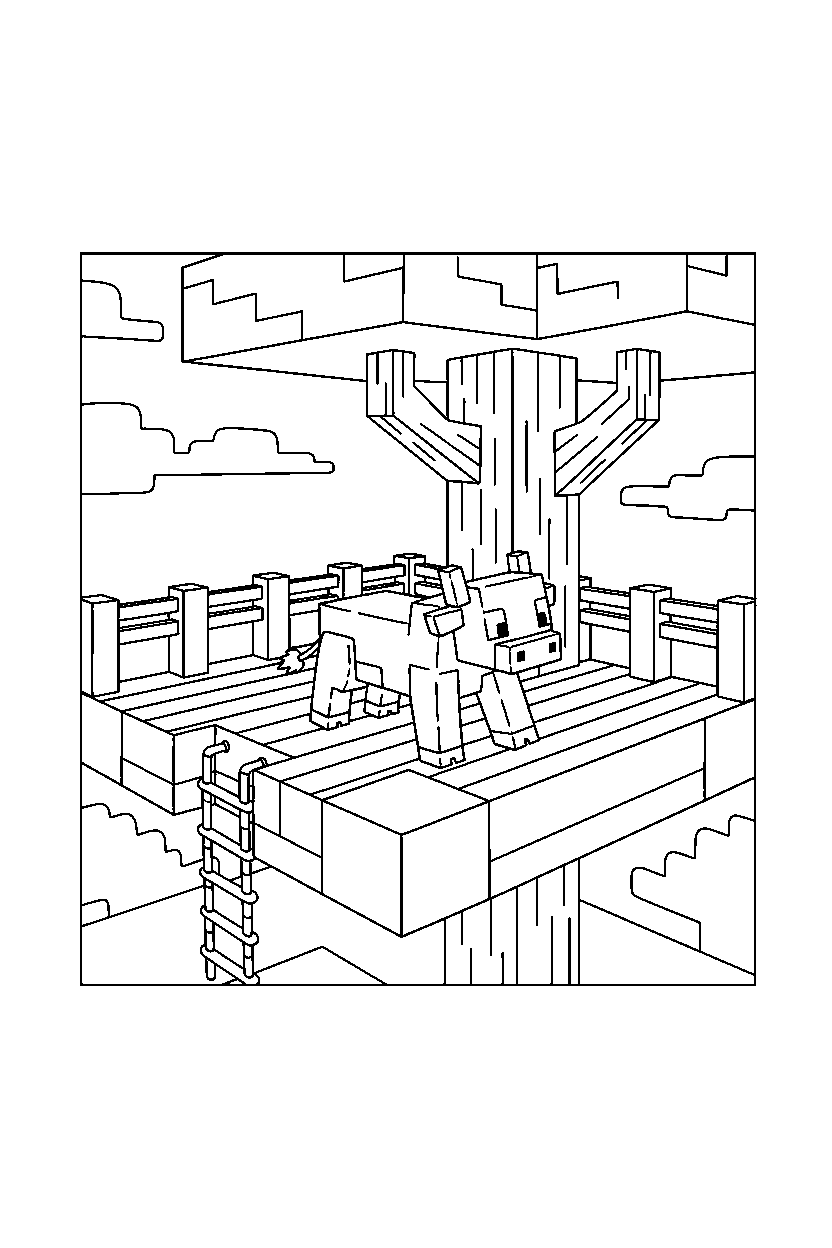 minecraft cow crawling calmly in a treehouse base line art