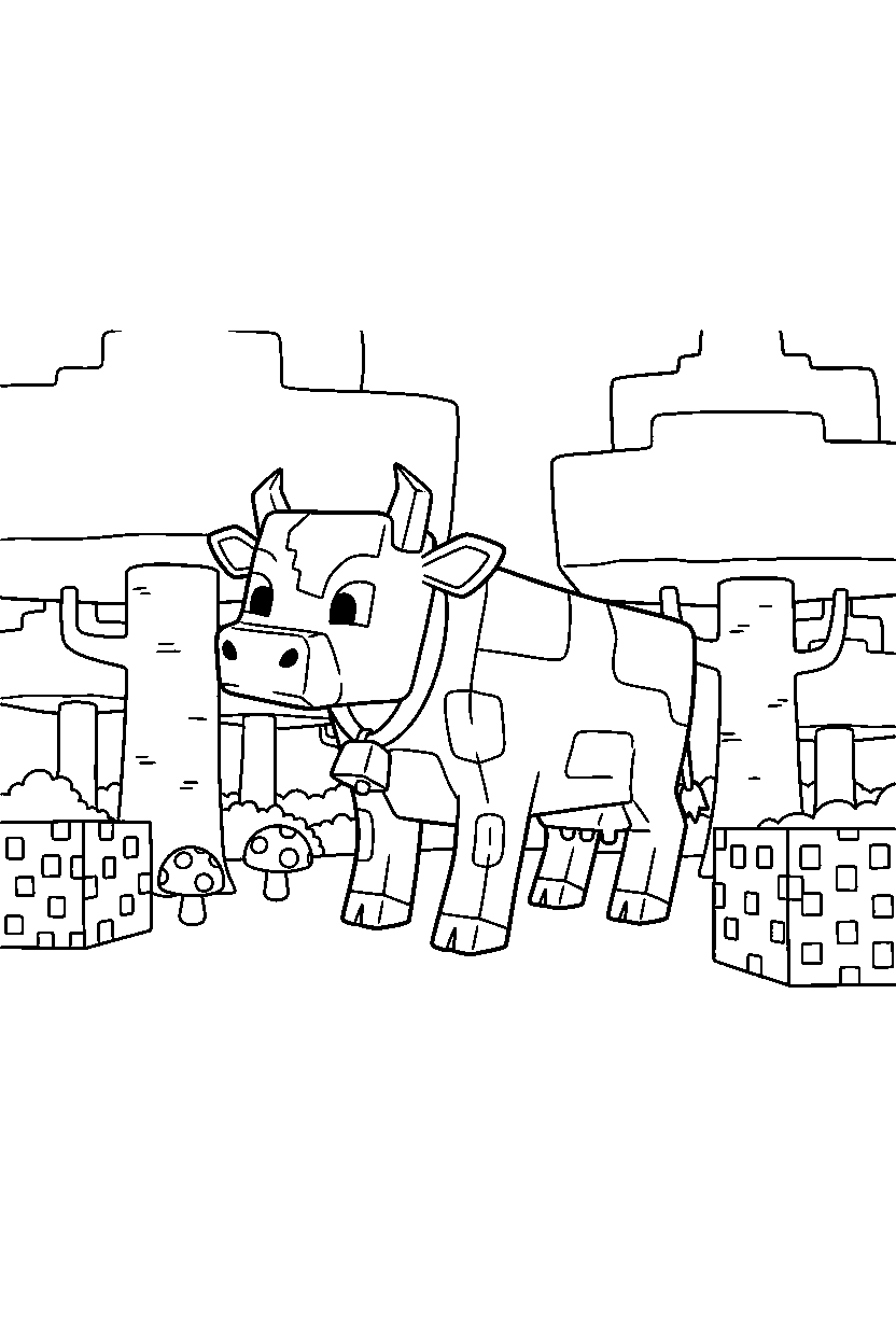 minecraft cow exploring curiously in a dark forest line art