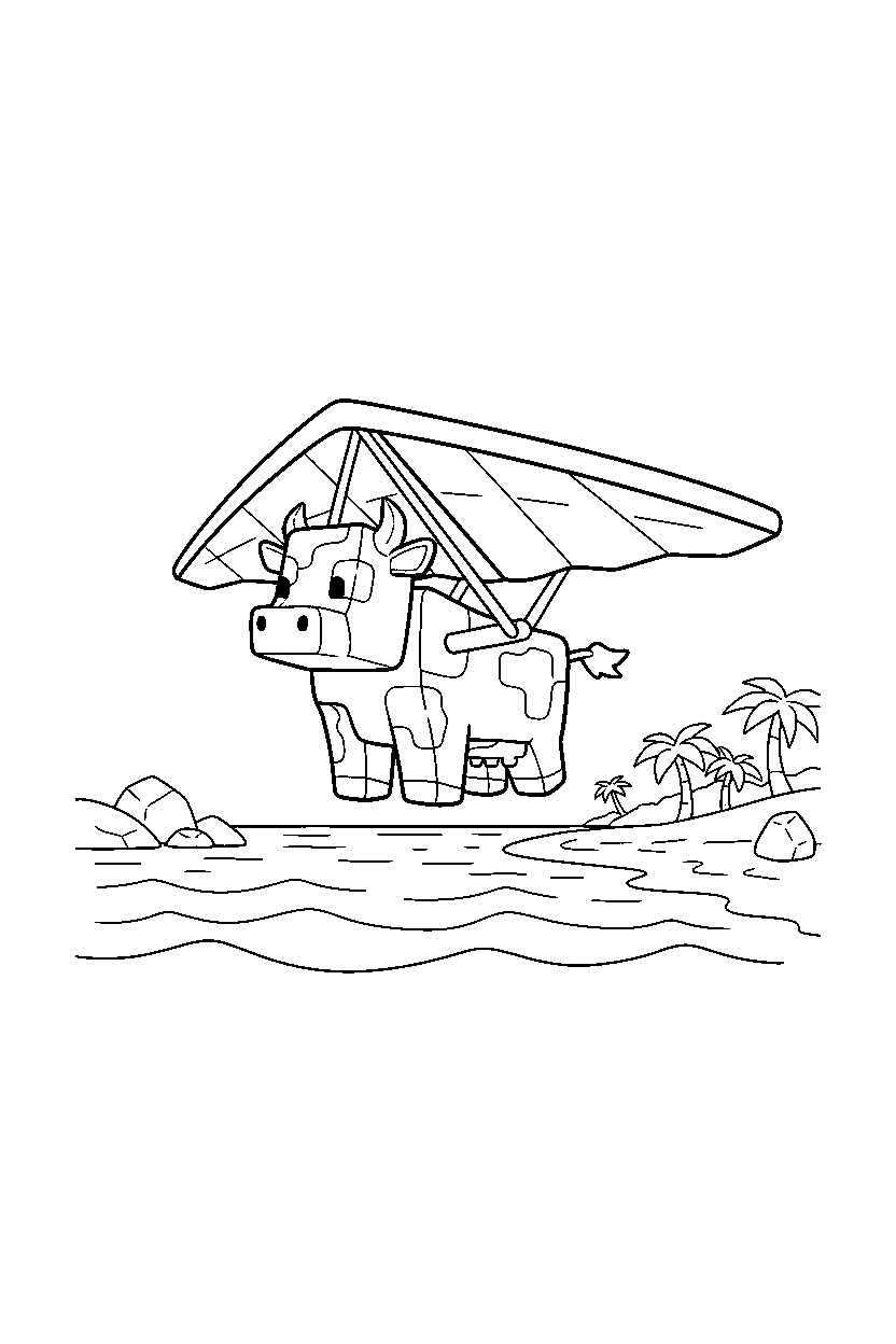 minecraft cow gliding calmly on an ocean shore line art