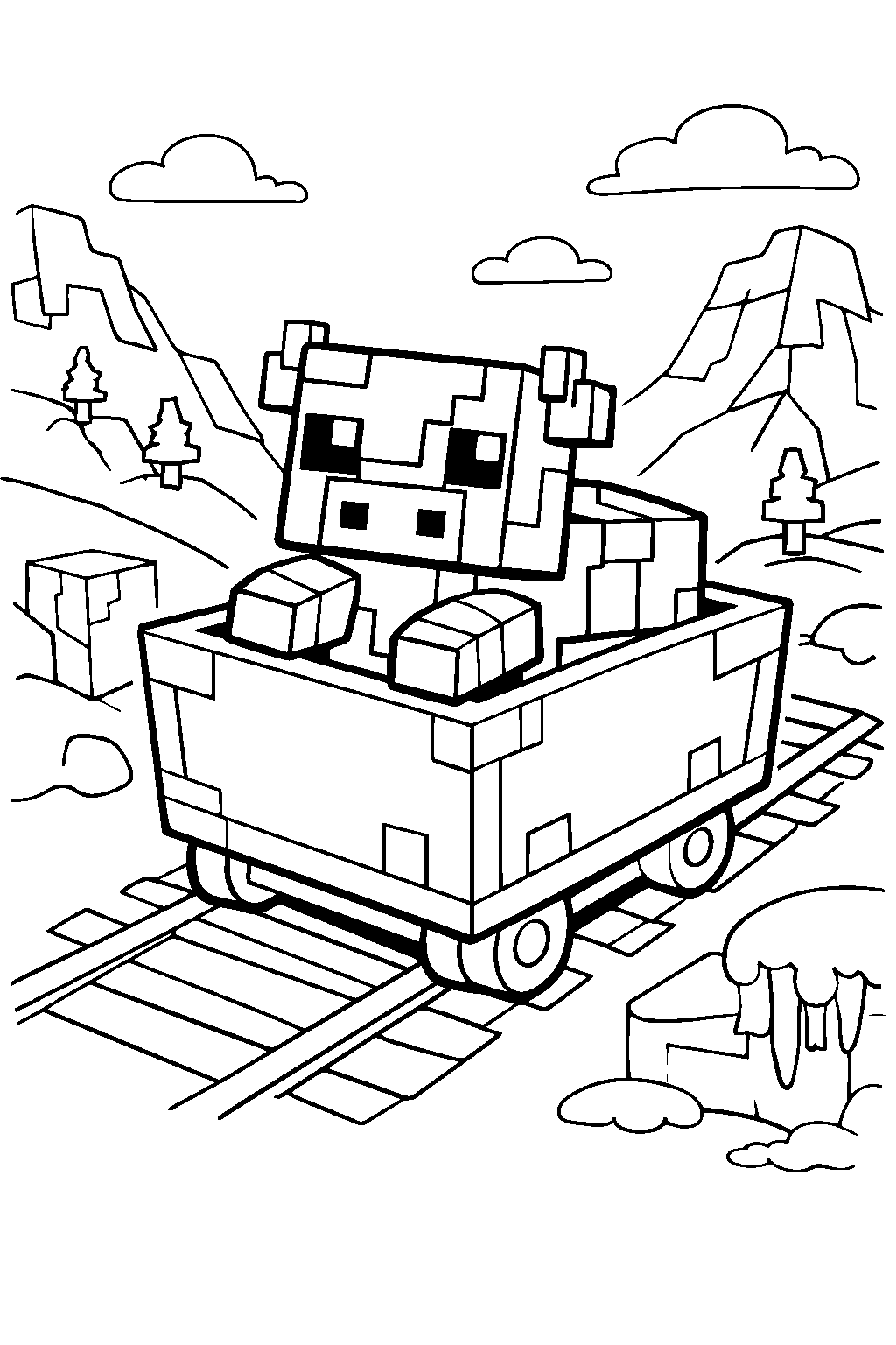 minecraft cow riding a minecart in frozen peaks line art