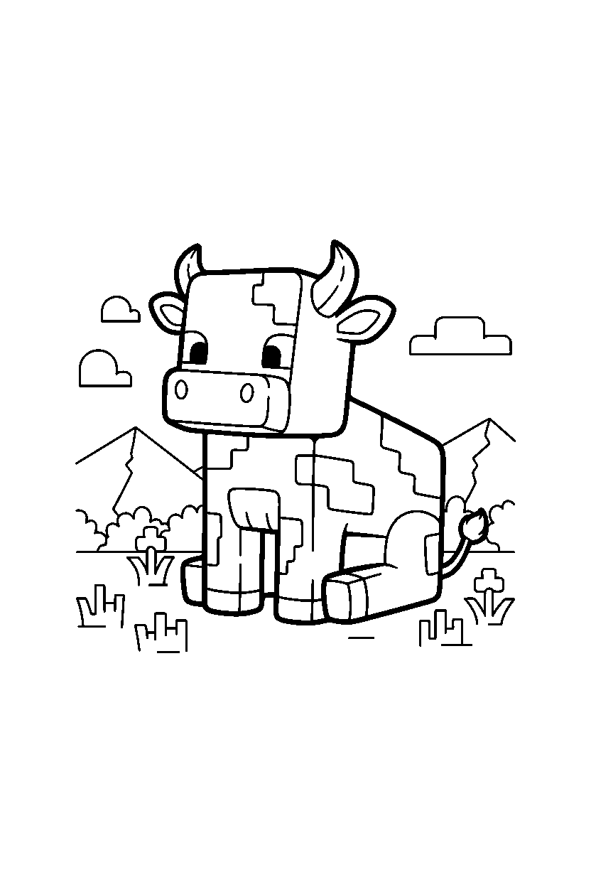minecraft cow sitting calmly in a meadow line art