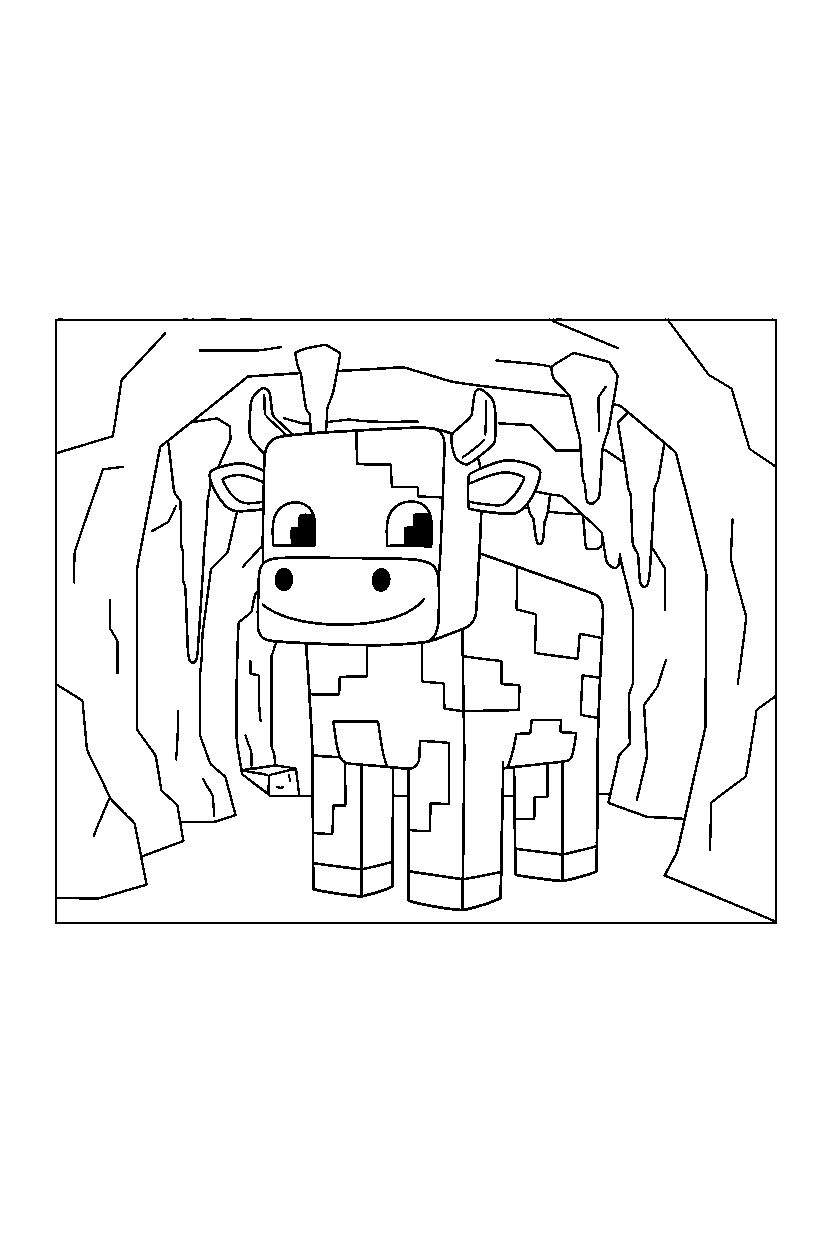 minecraft cow smiling happily in a cave line art