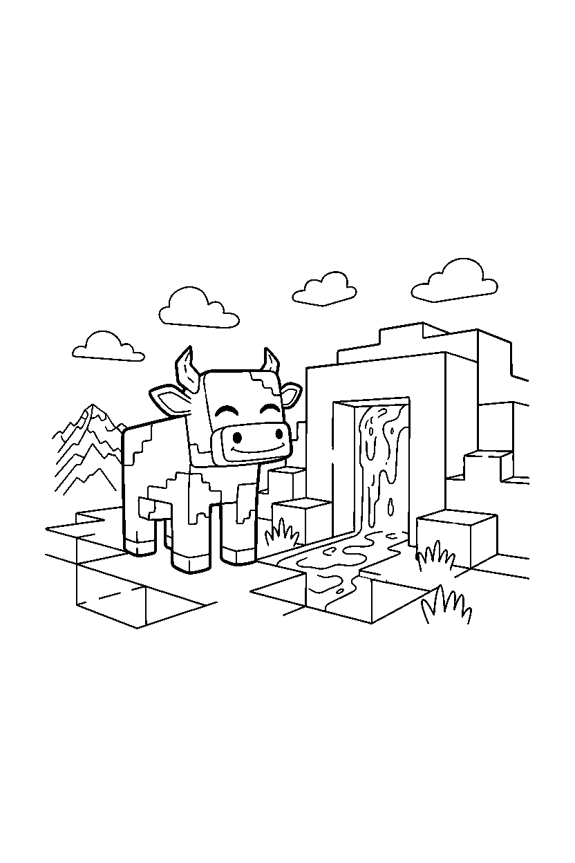 minecraft cow smiling happily near a lava cave line art