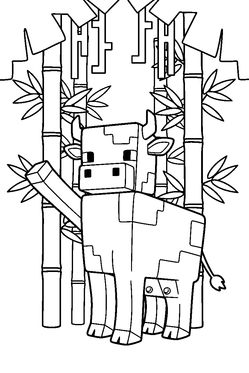 minecraft cow waving happily in a bamboo jungle line art