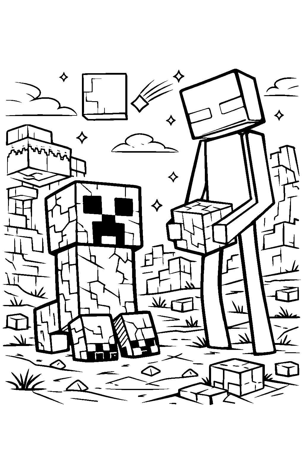 minecraft creeper and enderman desert night line art
