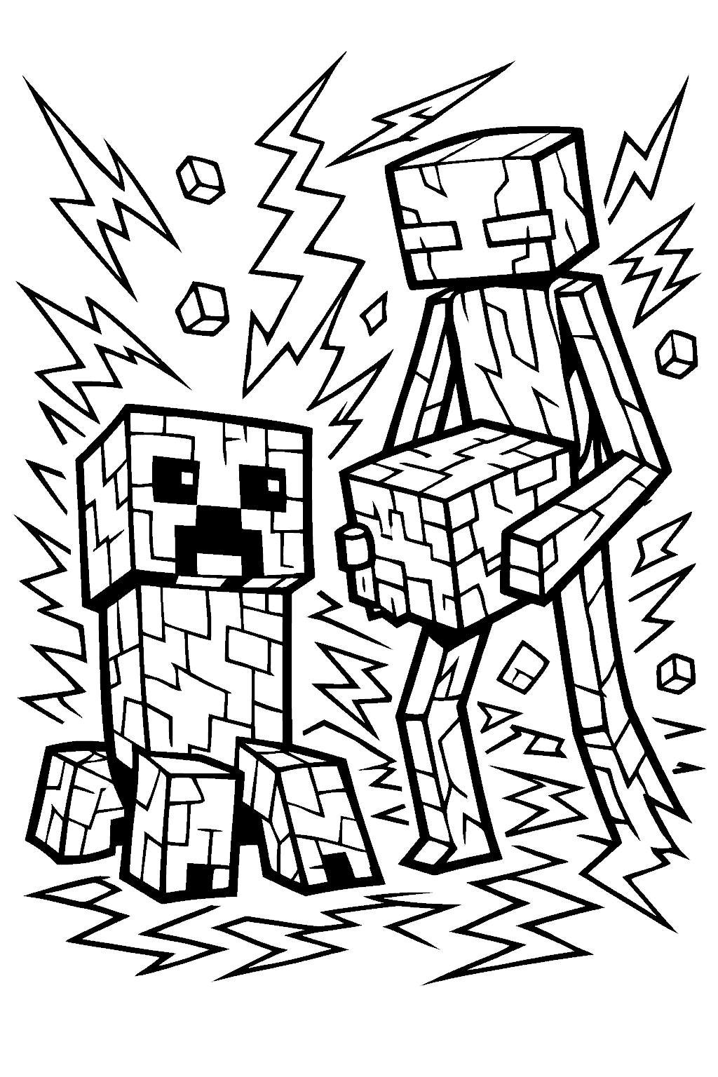 minecraft creeper and enderman with lightning strikes line art