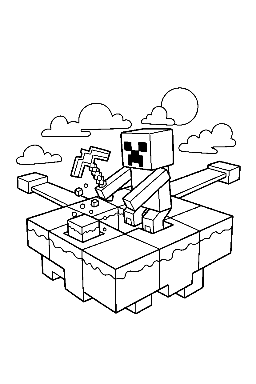minecraft creeper digging carefully in a sky base line art