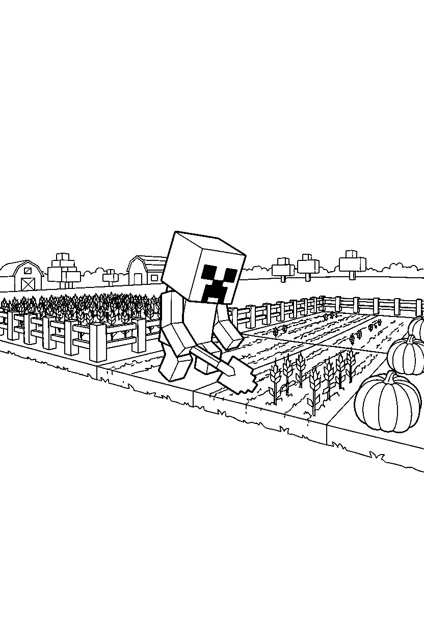 minecraft creeper digging carefully near a farm field line art