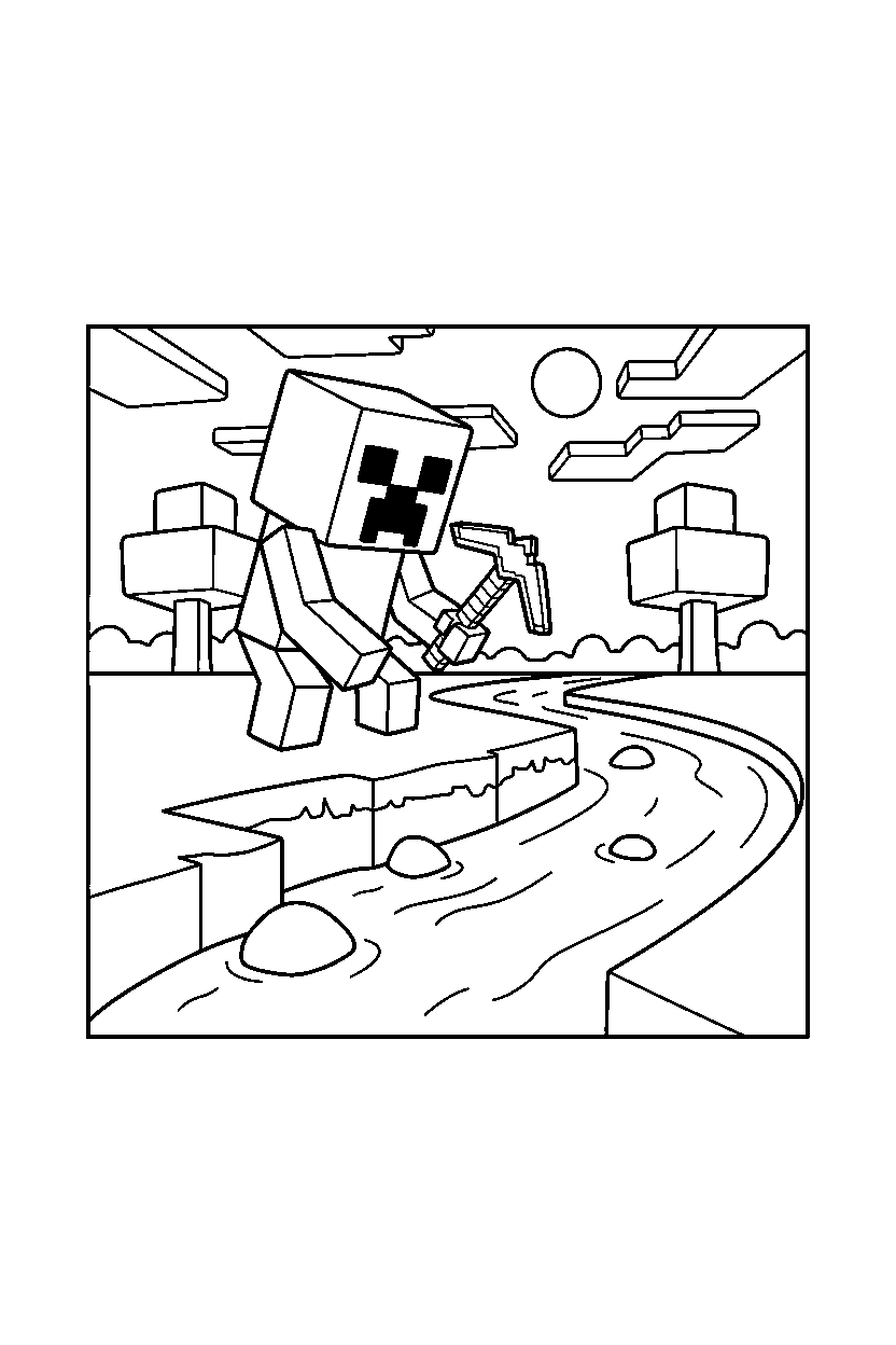 minecraft creeper digging carefully near a river line art