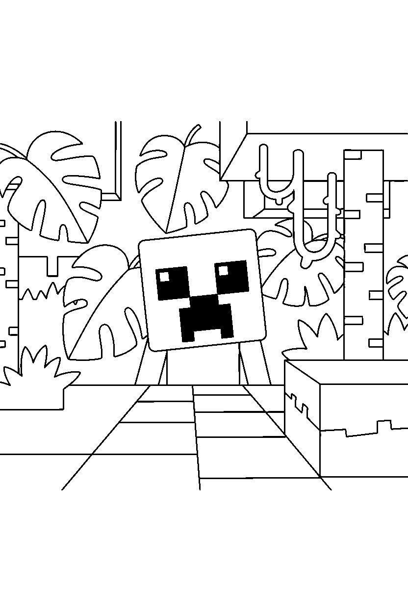 minecraft creeper exploring curiously in a jungle line art
