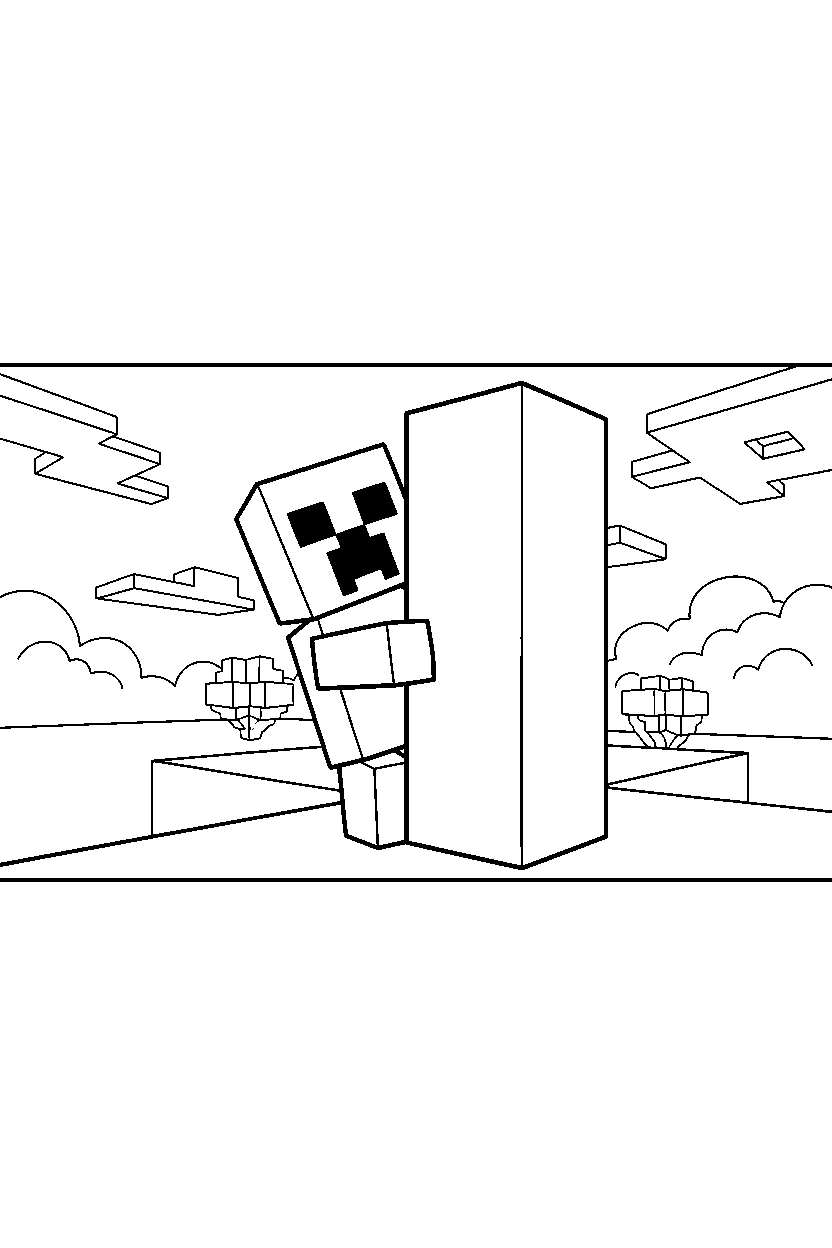 minecraft creeper exploring curiously in a sky base line art