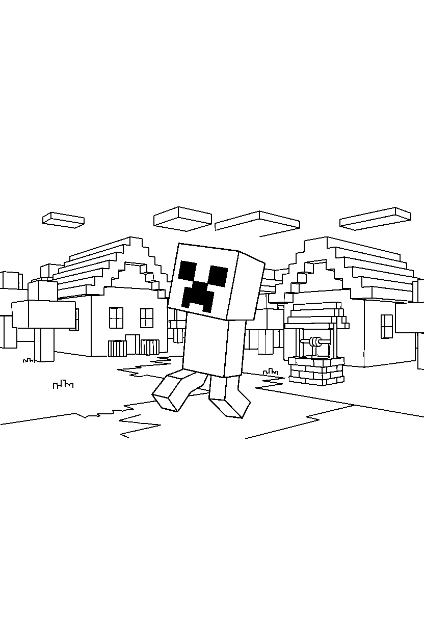 minecraft creeper exploring curiously in a village line art