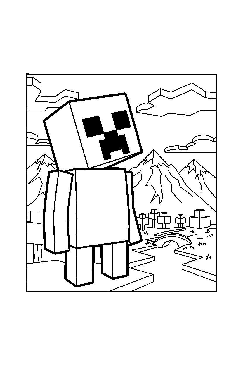 minecraft creeper exploring curiously in mountains line art