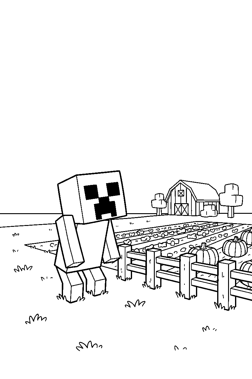 minecraft creeper exploring curiously near a farm field line art