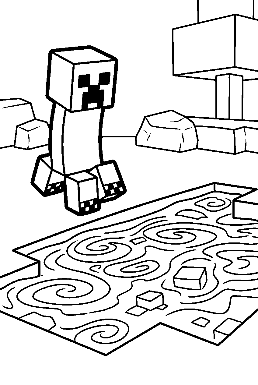 minecraft creeper exploring near a lava lake line art