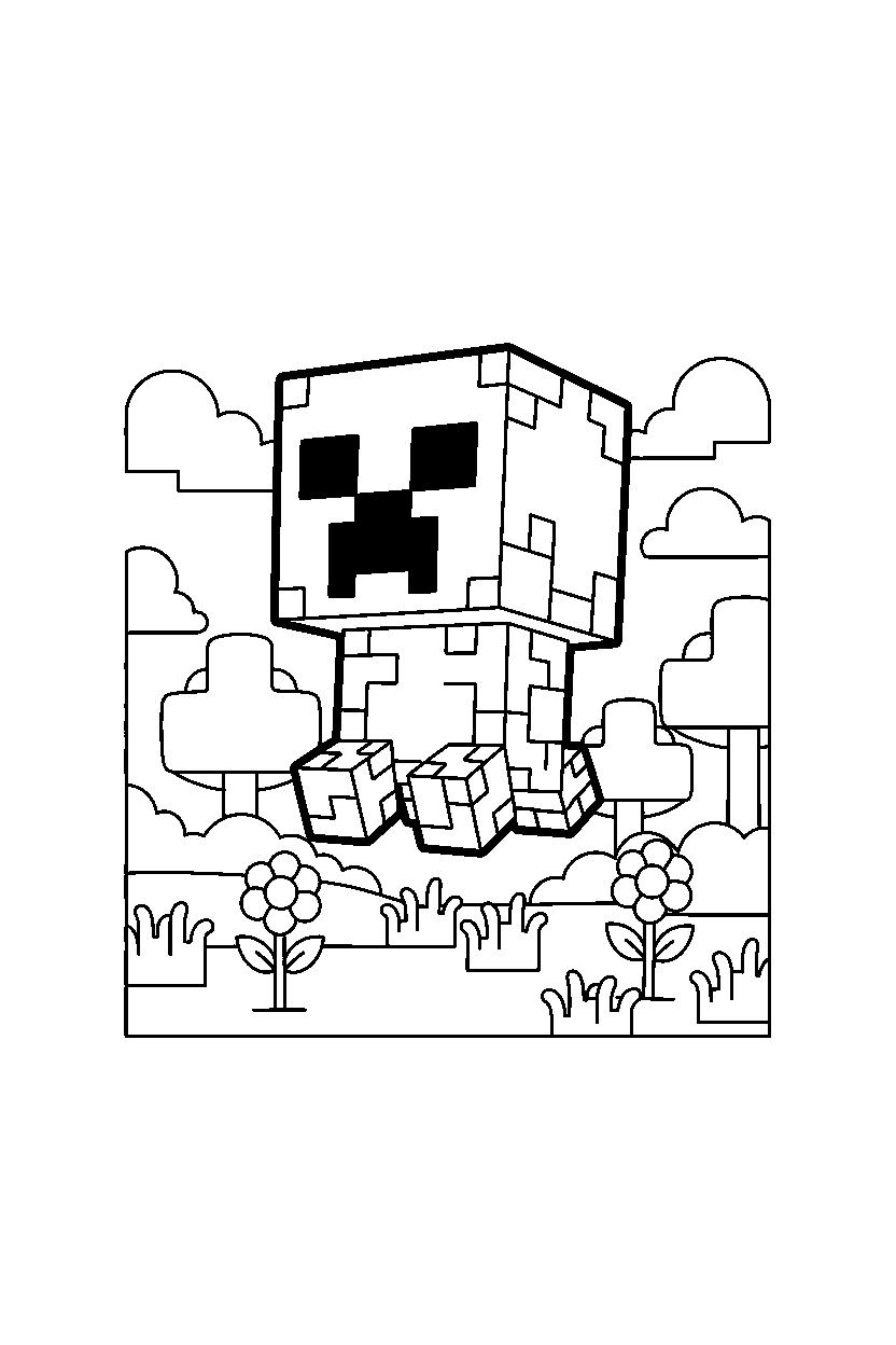 minecraft creeper floating calmly in a meadow line art
