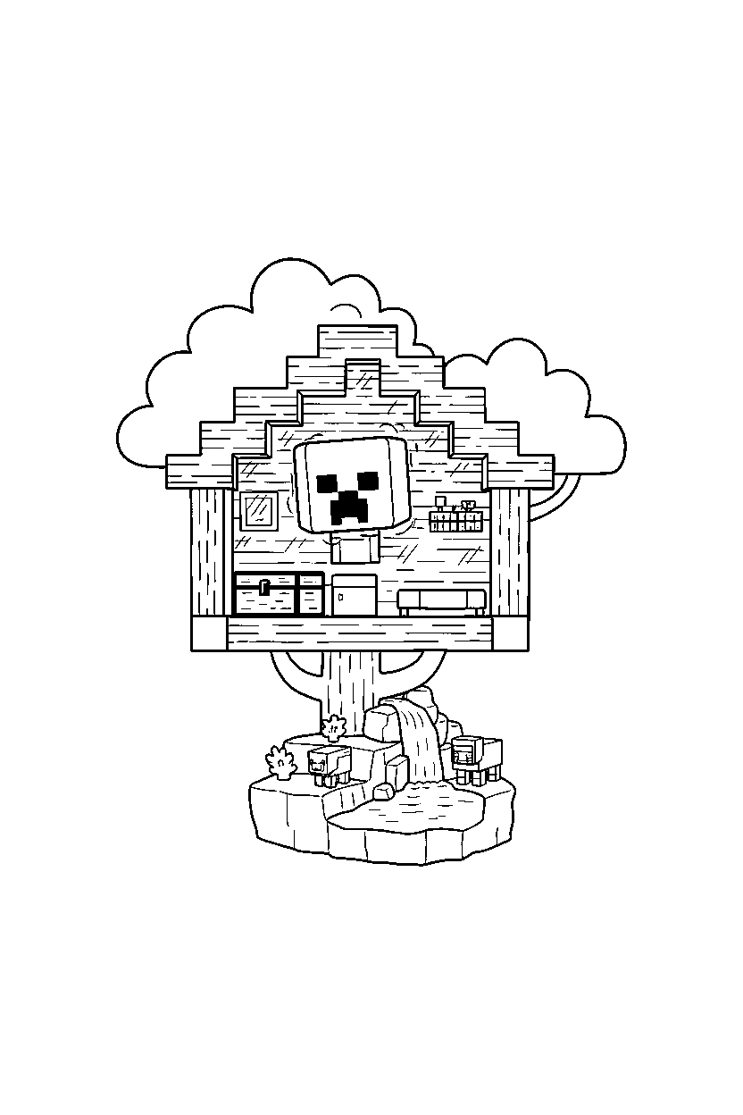 minecraft creeper floating calmly in a treehouse base line art