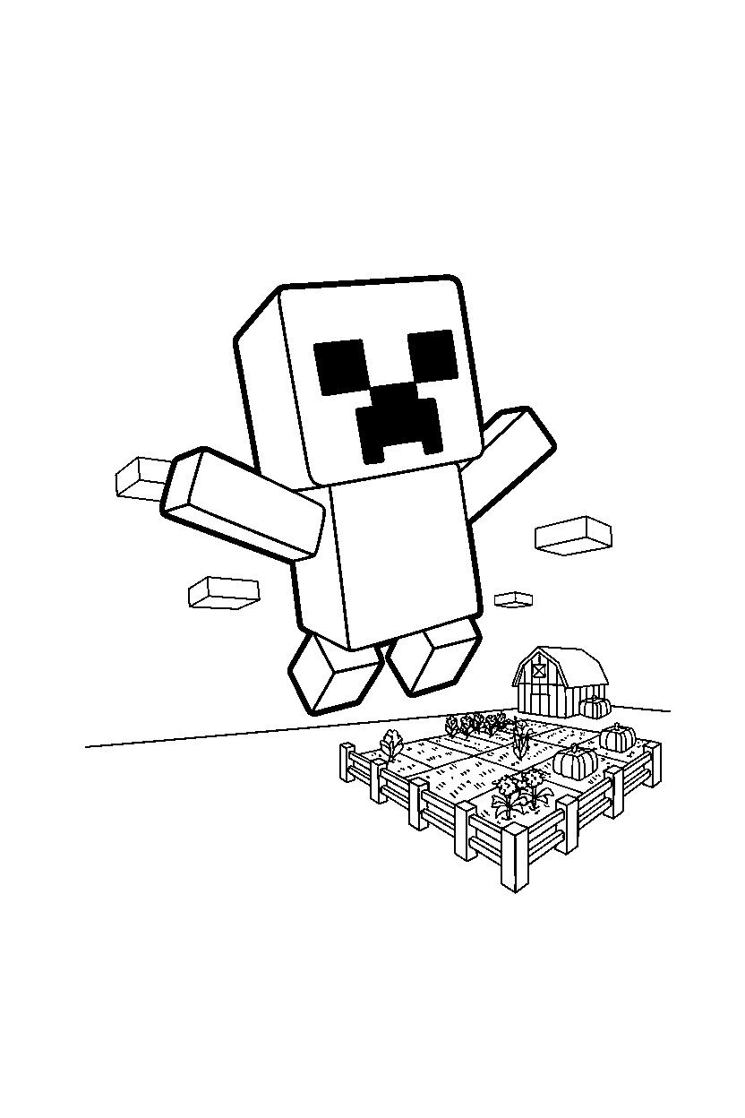 minecraft creeper floating calmly near a farm field line art