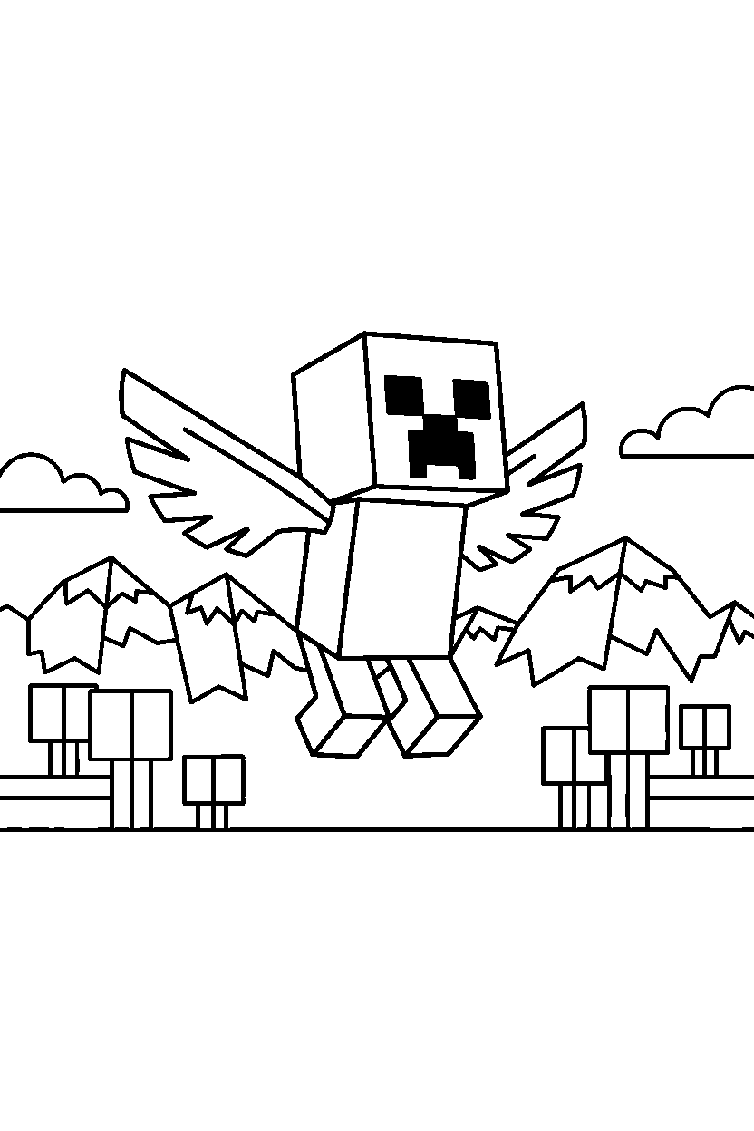 minecraft creeper flying calmly in mountains line art