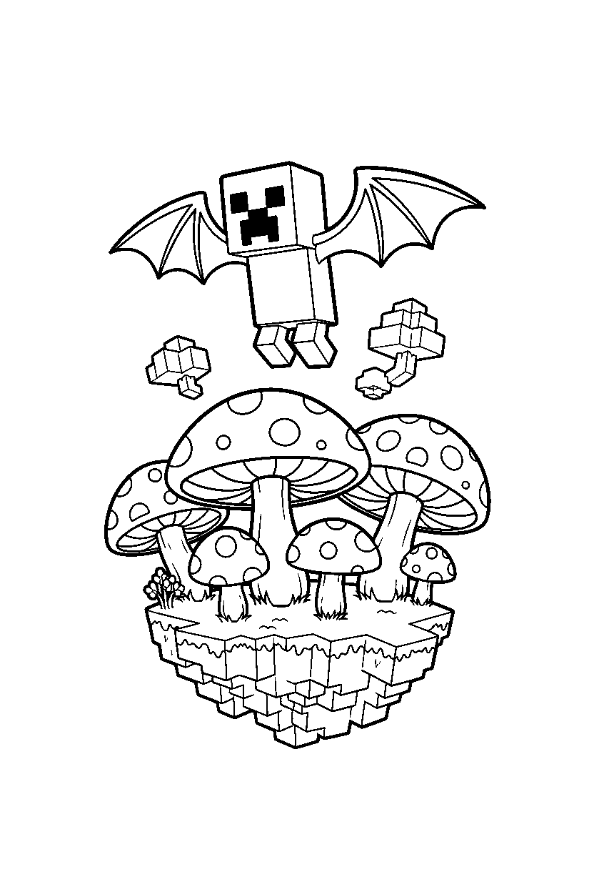 minecraft creeper flying calmly on a mushroom island line art