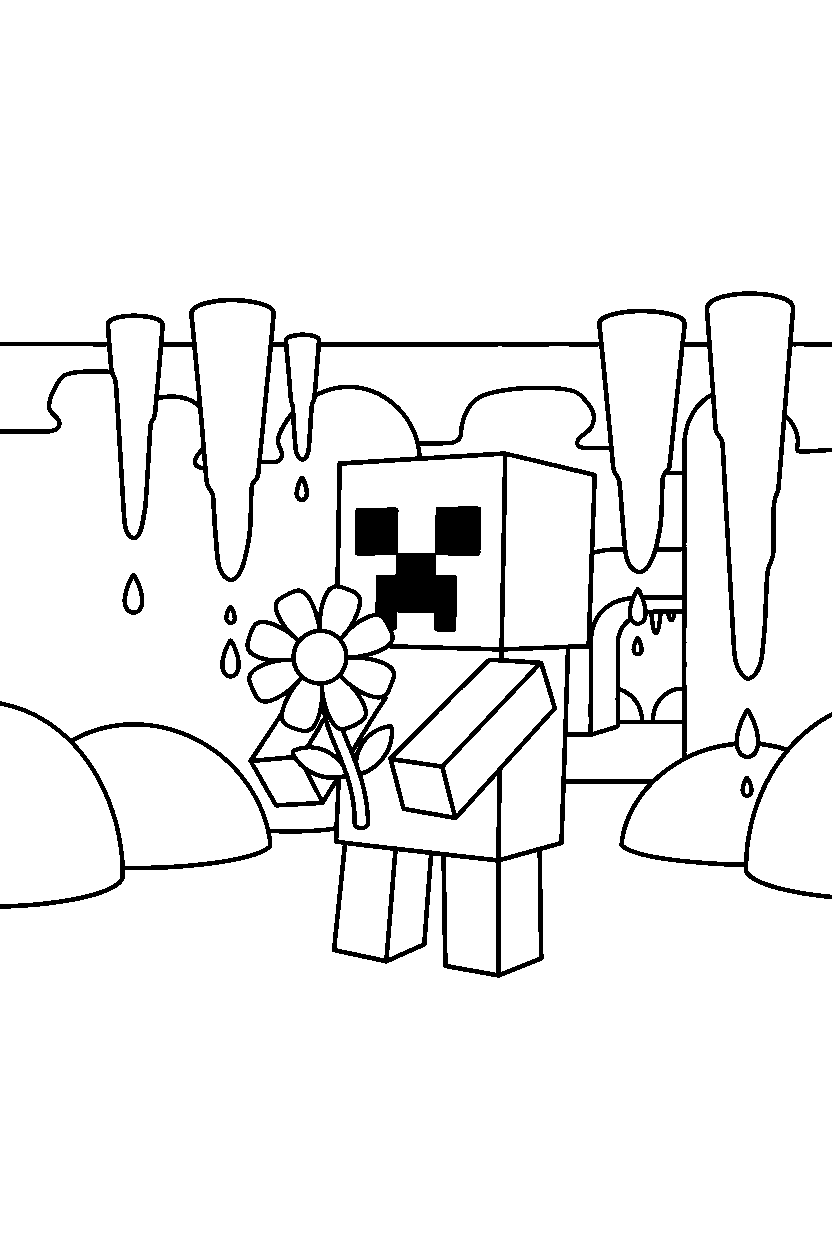 minecraft creeper holding a flower in a dripstone cave line art