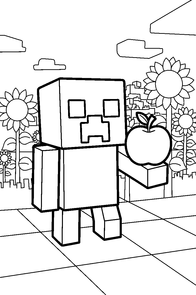 minecraft creeper holding an apple in sunflower plains line art