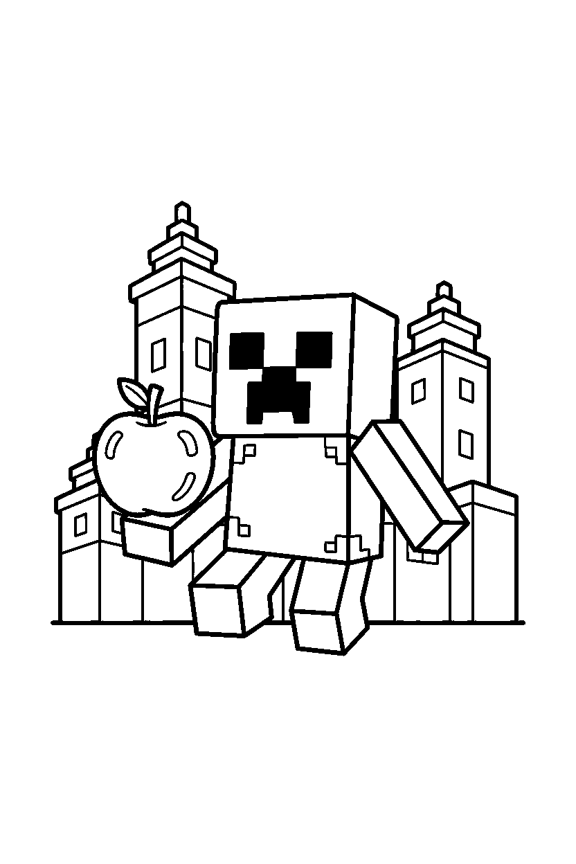 minecraft creeper holding an apple near an end city line art