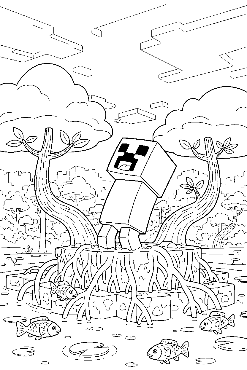 minecraft creeper howling playfully in a mangrove swamp line art
