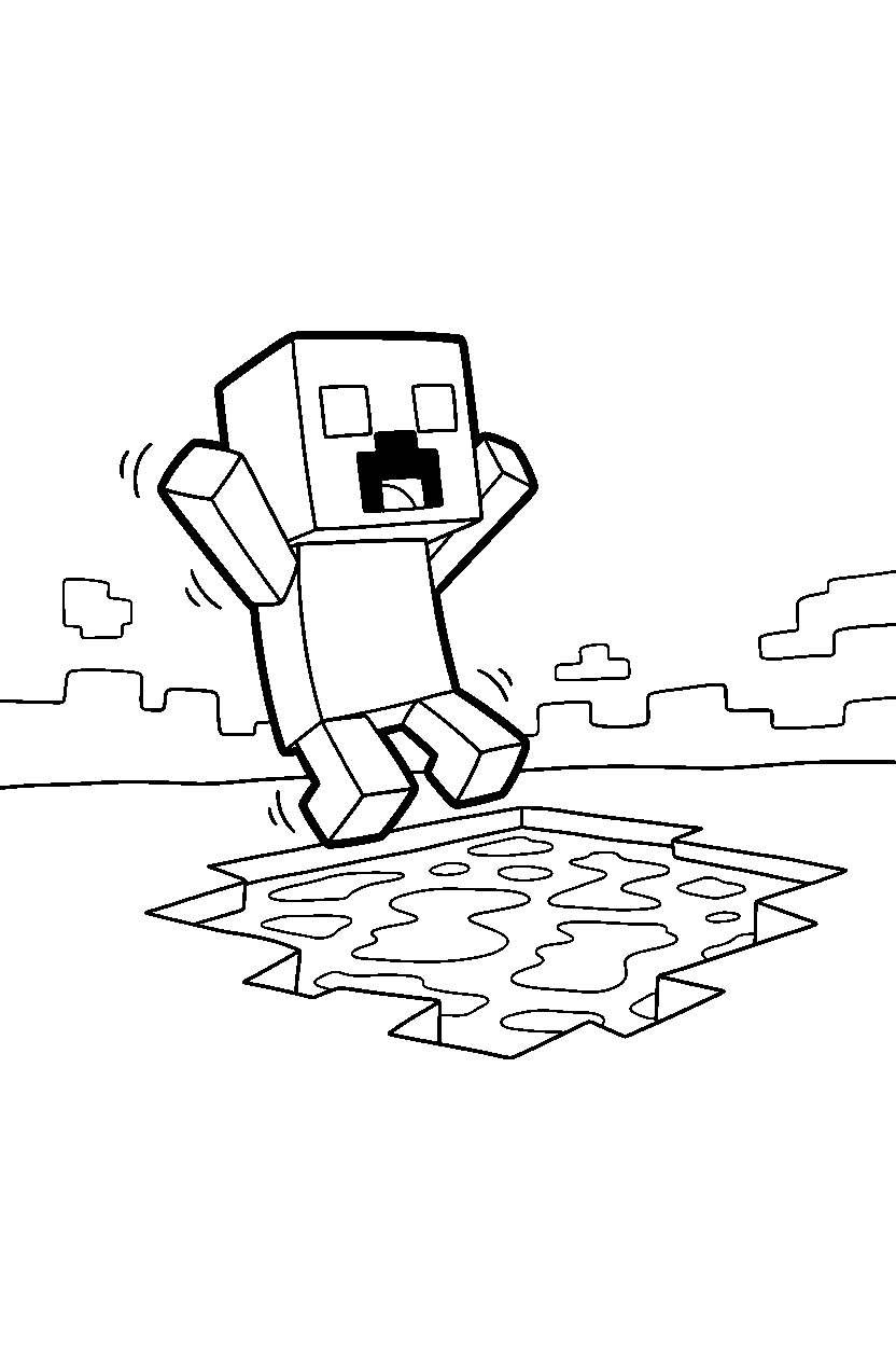 minecraft creeper jumping playfully near a lava lake line art