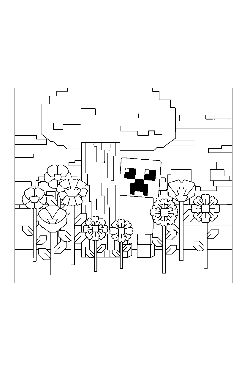 minecraft creeper looking around curiously in a flower forest line art